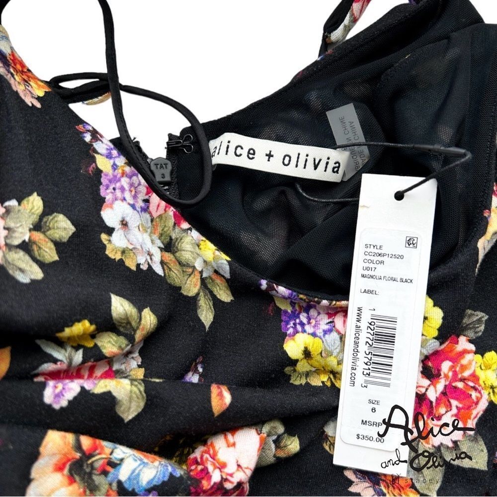 alice + olivia **NWT** Delora Black Magnolia Floral Print Fitted Midi D… - Picture 13 of 13